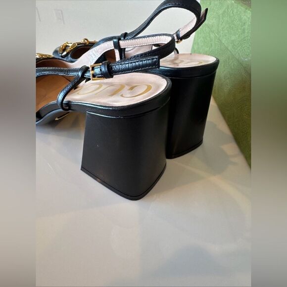 GUCCI Baby Horsebit Slingback Leather Pump Black Gold EU 40.5 US 10.5 Authentic - Picture 7 of 10